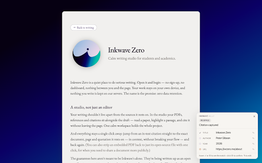 Inkwave :: Capture citations from any page into Inkwave, and read your sources inside it — fetched from your own connection.