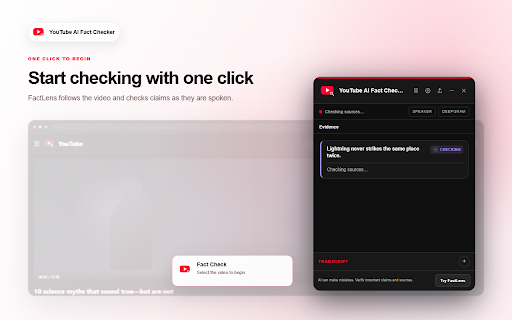 YouTube Lens - AI Fact Checker :: Fact check YouTube videos as you watch with AI transcription, live web evidence, clear verdicts, timestamps, and source links.
