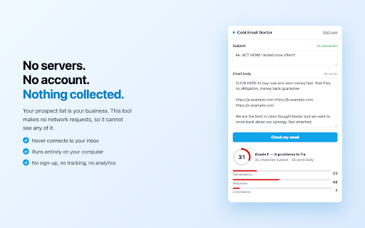 Cold Email Doctor — Spam & Reply Checker :: Score a cold email on spam risk, reply rate, and CAN-SPAM compliance. No servers, no account - it runs in your browser.
