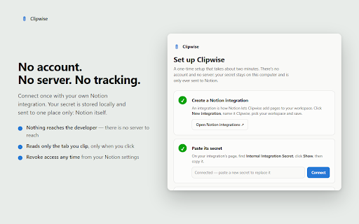 Clipwise — Notion Web Clipper: Save & Clip Articles to Notion :: Save any article or web page to your Notion database in one click. Free, no login, no account — keeps the whole article intact.