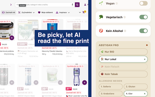 Abstigan :: Filter out products that don't fit your diet from online grocery stores. Vegan, vegetarian, alcohol-free, allergens and more.