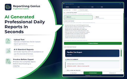 ReportingGenius :: Turn test logs into share-ready reports: analyze pipelines, extract failures, and generate Teams-ready formats