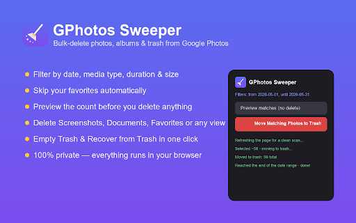 Google Photos Bulk Delete :: Bulk delete all photos, albums, and trash from Google Photos. 100% private, runs in your browser.