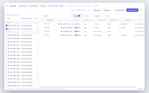 Cascade for Jira :: See your Jira work as a tree, triage what changed, and export with the hierarchy intact. No admin install needed.