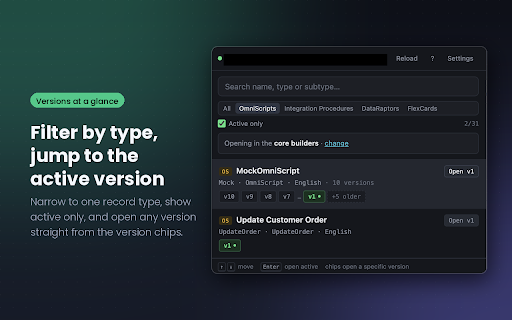 OmniStudio Finder :: Find OmniScripts, Integration Procedures, DataRaptors and FlexCards in your Salesforce org. See every version, open the right one.