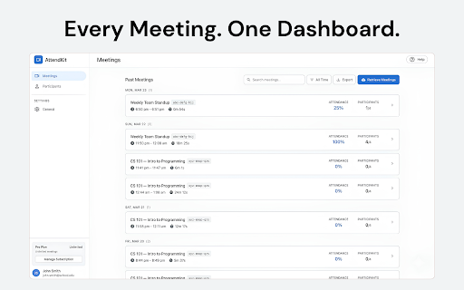 AttendKit: Google Meet Attendance Tracker :: Automatic attendance tracking for Google Meet. Know who joined, when they arrived, and how long they stayed. Free for 10 meetings.