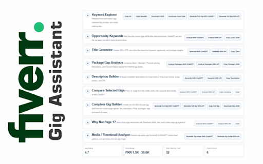 Fiverr Gig Research Assistant :: Analyze Fiverr search results, compare gigs, find keyword gaps, and generate AI-assisted gig ideas.