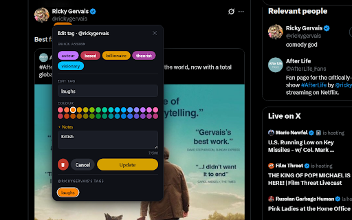 XTagger :: Personal, local-first annotation layer for X.com. Tag people with labels, see them everywhere, share collections — all offline.