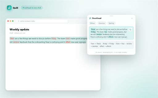 Quill by Tapdot - On-Device AI Writing Tools :: Apple-style writing tools for Chrome. Rewrite, proofread, summarize, and transform text on any page — privately, on-device.