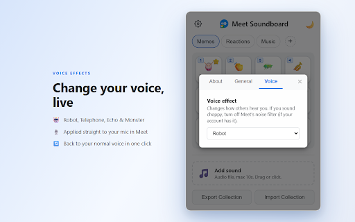 Meet Soundboard :: Add a soundboard to your Google Meet calls with custom audio clips and sound effects.