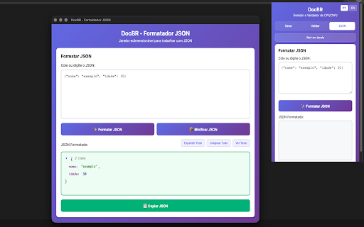 DocBR - Gerador e Validador CPF/CNPJ e Formatador JSON :: Gera CPFs e CNPJs válidos seguindo as regras brasileiras e valida documentos existentes e Também possui um formatador de JSON.