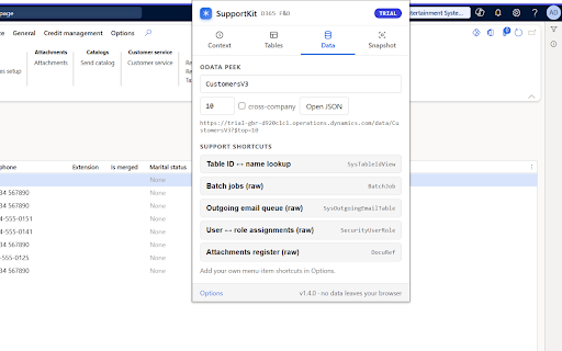 SupportKit for D365 F&O :: The support toolkit for Dynamics 365 F&O. One-click ticket context capture, environment guardian, table browser and OData shortcuts.