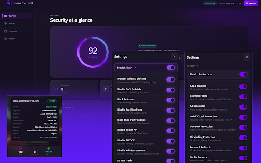 Stealth VPN & Adblock :: VPN + Stealth suite: proxy tunnel, ads/trackers, malware & phishing, cookie banners, WebRTC, X promos. Server-validated licensing.