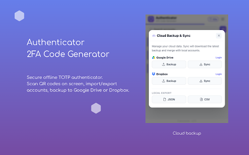 Authenticator – 2FA Code Generator :: Secure offline TOTP authenticator. Scan QR codes on screen, import/export accounts, backup to Google Drive or Dropbox.