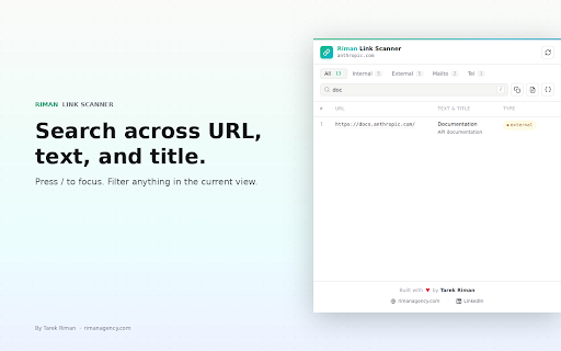 Riman Link Scanner — Export Page Links :: Scan, filter, and export every link on a page. Copy to clipboard, download CSV or JSON, separate internal vs external.