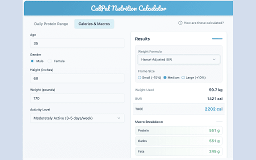 CalPal Nutrition Calculator :: Professional nutrition calculator for healthcare professionals to calculate calorie and macronutrient requirements