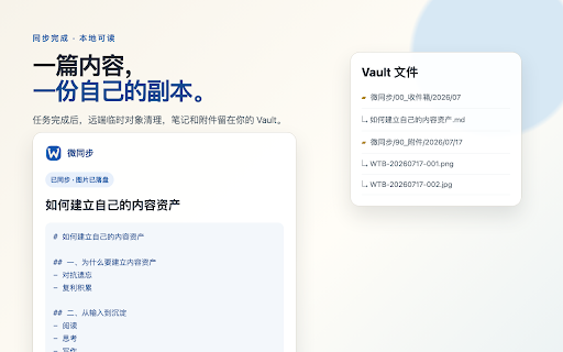 微同步 WeTongbu|Obsidian 网页剪藏与多端同步 :: 将飞书文档、微信公众号和文章型网页剪藏为 Markdown,保存到 Obsidian;支持同一 Vault 在电脑与手机间多端同步。