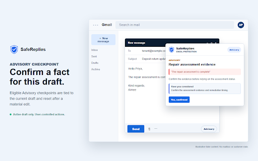 SafeReplies :: Pre-send compliance checks for active Gmail and Outlook drafts.