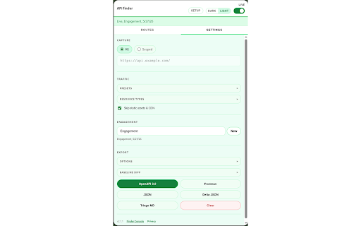 API finder :: Passive API discovery tool for security testers. Discovers API endpoints from browser traffic, flags risks, exports OpenAPI/Postman.