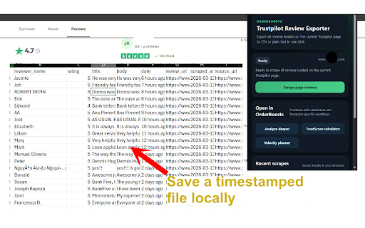 Trustpilot Review Exporter :: Export every Trustpilot review on the current page to CSV or plain text — free tool by OrderBoosts.com