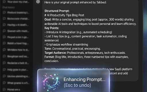 Tabbed — AI Prompt Optimization Assistant :: Real-time AI prompt enhancer with floating score checkpoint. Press Tab inside any AI chat to optimize your prompt instantly.