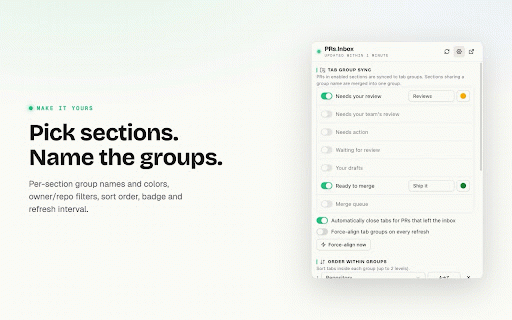 PRs Inbox for GitHub :: Shows your GitHub PR inbox in a popup and syncs it to Chrome tab groups, Live Folder style.