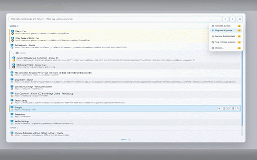 tabGo :: Switch, search & manage tabs across all windows: quick switch, groups, sleep, mute, dedupe & sessions.