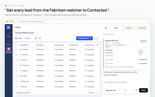 Zoho CRM AI Assistant :: Search, create, and update Zoho CRM records from a permission-gated AI side panel.