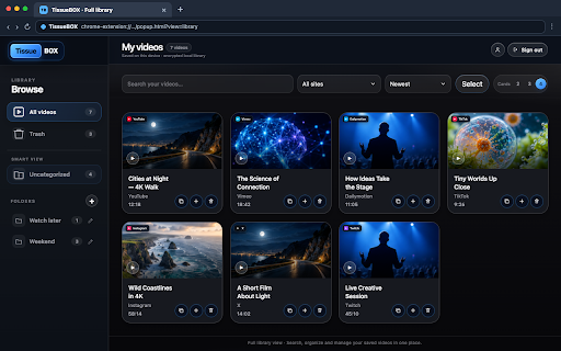 TissueBOX :: Save, organize and revisit video bookmarks with cloud sync and separate regular and private libraries.