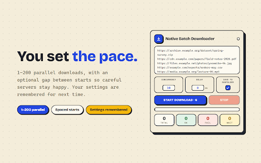 Native Batch Downloader :: Batch download files via the browser's native download channel — even login-protected files work, cookies sent automatically