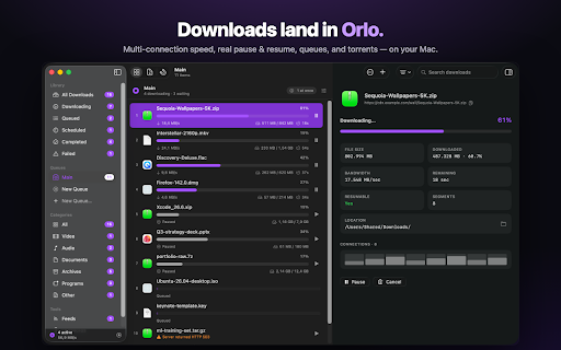 Orlo Download Manager :: Hand off downloads, links, and magnets to the Orlo app for fast, multi-connection downloading with pause, resume, and queues.