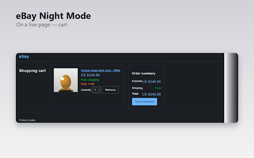 eBay Night Mode :: A careful dark theme for eBay: dark chrome, untouched product photos, readable prices. Unofficial.
