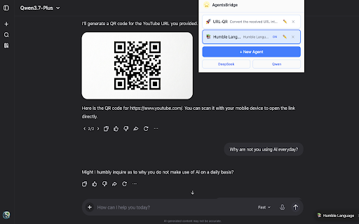 AgentsBridge :: Add custom AI agent (system prompt) support to DeepSeek and Qwen. Create reusable personas and auto-inject into every conversation.