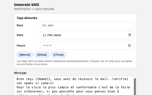 Generate SMS :: Génère des SMS via un menu contextuel avec équipes, messages et signatures.