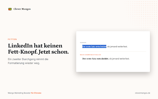 Mango Marketing Booster :: LinkedIn-Text fett machen, markierten Text/die Seite an ChatGPT geben und die ganze Seite als Screenshot speichern.