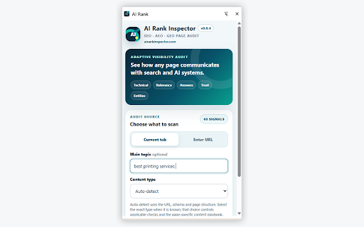 AI Rank Inspector – SEO, AEO & GEO Audit :: Audit webpages for SEO, AEO and GEO signals, including content readiness, metadata, schema, entities, robots.txt and llms.txt.