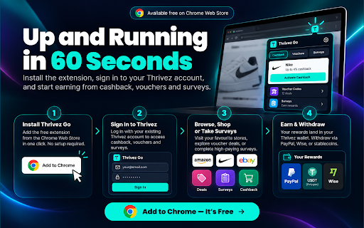 Thrivez Go – Earn Rewards via Cashback & Surveys :: Earn rewards with automatic cashback detection, direct cashback activation, voucher deals, and surveys in the Chrome Side Panel.