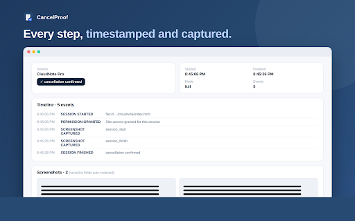 CancelProof: Cancel Subscriptions with Proof :: Subscription manager that records proof when you cancel — timeline, screenshots & a Refund Pack PDF if you're charged anyway.