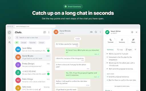 WAEXT: Superpowers for WhatsApp Web :: Smart replies, chat summaries and better writing with AI in WhatsApp Web. Plus saved messages and auto-translate.