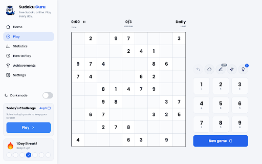Sudoku Guru - Free Sudoku Puzzle Game :: Play free Sudoku in your browser sidebar. Classic puzzles, daily challenge, hints & notes — offline-friendly, no account.