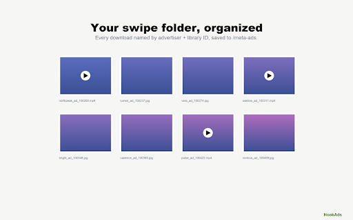 Download Facebook Ads — Meta Ad Library Downloader :: Download any ad from the Meta (Facebook) Ad Library in one click — image or video. Optionally save ads to your HookAds swipe file.