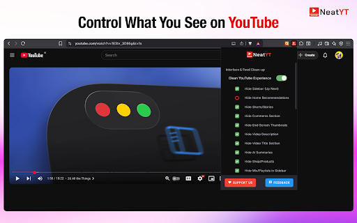 NeatYT – Clean UI & Comment Search for YouTube :: NeatYT hides clutter, adds an inline comment search bar, and brings back YouTube dislike counts