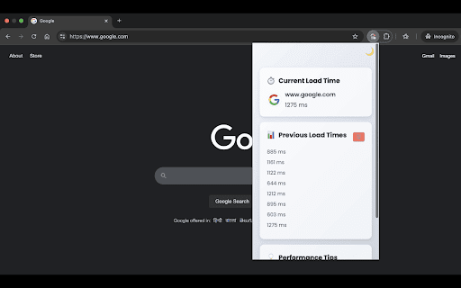 Website Load Time Checker :: Displays the load time of the current webpage and provides performance tips.