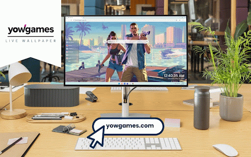 GTA 6 Tropical City Live Wallpaper :: GTA 6 protagonists on wooden dock with guns against pastel Vice City skyline with palm trees and speedboat.