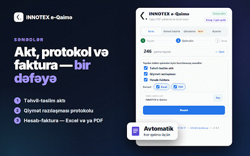 INNOTEX e-Qaimə :: E-qaimələrin toplu Excel-ə ixracı və PDF yüklənməsi. Hesab-faktura, akt və qiymət razılaşması hazırlayan mühasibatlıq aləti.