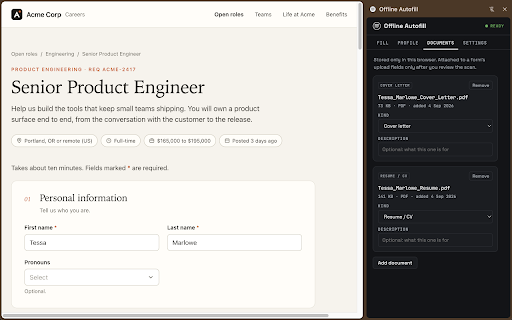 Offline Autofill :: Fill forms from a profile that never leaves your device. On-device models only (Chrome built-in, Ollama, LM Studio). No cloud.