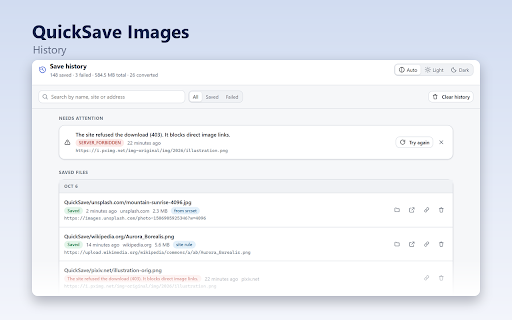 QuickSave Images :: Right-click to save the real full-size image: smart file names, folders per site, WebP conversion, batch saving.