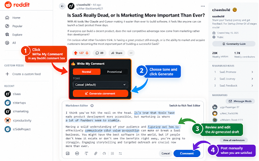 Reddit Auto Comment Writer :: Write natural, human-tone Reddit comments and replies (normal or business-promotional) using your own OpenAI API key.