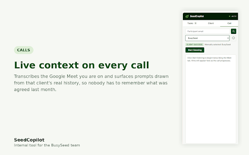 SeedCopilot :: BusySeed work surface: your tasks, time capture, and live client context in a Chrome side panel.