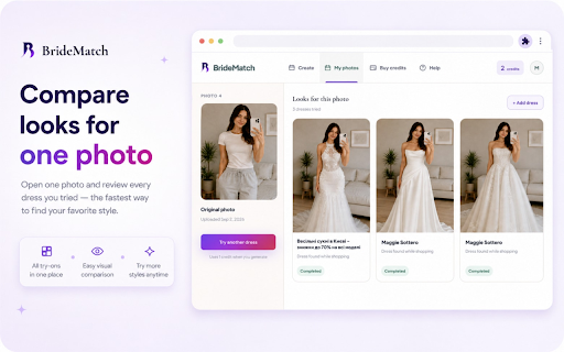 BrideMatch - Virtual Wedding Dress Try On Online & AI Bridal Gown Fitting :: Try on any wedding dress you find while shopping. Hover a dress photo, press Try on, and see it on your own picture.